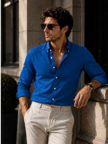 100% Cotton Linen, Breathable, Lightweight, Button-Down Collar, Men's Linen Shirt - Blue - View 3