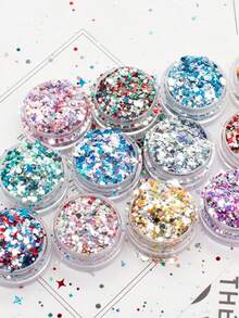 Nail Art Decorations, Ultra-Thin Colorful Solid Color Glitter, Sequins, Four-Pointed Star, Irregular Shaped Mixed Crystal Nail Art Assortment 1 Bottle, Korean-Style DIY Personal Nail Art Decorations, Glitter Sequins, Nail Stickers, Decals, Micro Rhinestones, Press-On Nail Decorations - Multicolor - View 2