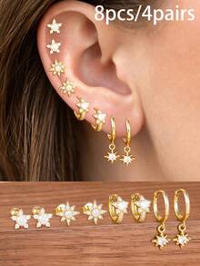 8PCS Sparkling Zirconia Star Hoop Earrings Set For Woman 18K Gold Plated Stainless Steel Octagram Ear Stud Fashion Daily Wear Jewelry - 8PCS-gold - View 2