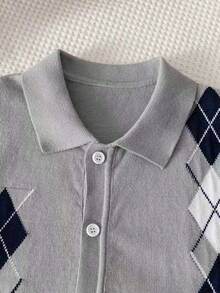 Back To School Boys Casual Colorblock Plaid Lapel Short Sleeve Lightweight Knit Cardigan Sweater For School Daily Wear Summer Autumn - Grey - View 5