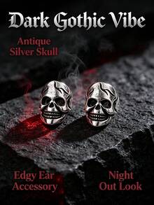 Vintage Punk Skull Ear Clips, No Piercing Required, Antique Silver Gothic Skull Clip Earrings, Unisex Non-Pierced Ear Jewelry, Suitable For Halloween Cosplay, Rock Party And Daily Street Wear, Ideal Holiday Gift - Multicolor - View 2