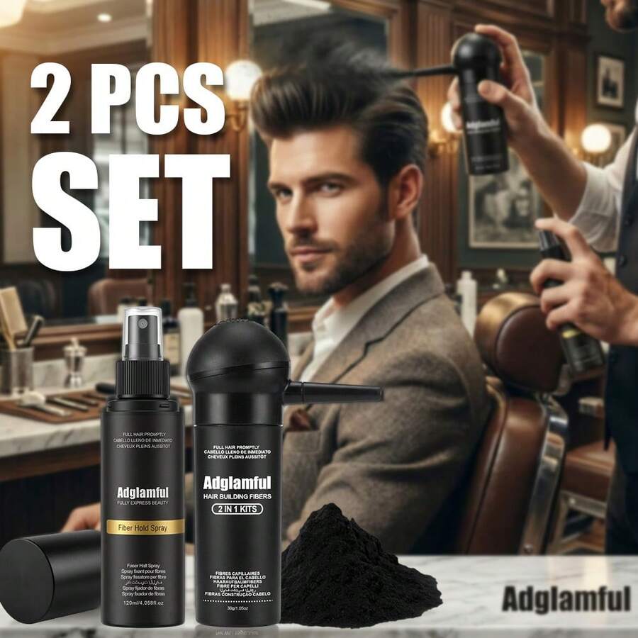 Adglamful 30g Large Capacity Nozzle Hair Fiber Powder With 120ml Styling Lock Spray 2-In-1 Set, Natural Scalp Fit For Thick Hair Volume, Matching Styling Water Strong Hold Anti-Sweat Anti-Fly Powder, Quick Hair Filling And Styling Portable Combo Set - Hair Styling Kit - View 1