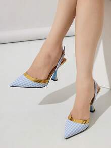 Women's Classic Checkerboard Colorblock Pointed Toe High Heel Shoes With Fashion Back Strap Open Heel, Elegant Women's Sandals, Women's Elegant Kitten Heel Shoes, Summer Dress Outfit Party Evening Shoes, Autumn/Winter Dual-Color High Heels, Autumn Women's Shoes, Blue High Heels, Women's Formal Shoes, Fashion Women's High Heels/Blue Sandals - Light Blue - View 3
