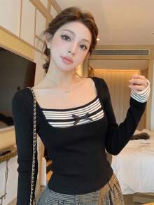 Autumn/Winter Casual Korean Sweet Style Square Collar Striped Bow Knit Sweater, Warm Gentle Elegant Versatile Base Layer Black - Black - View 1