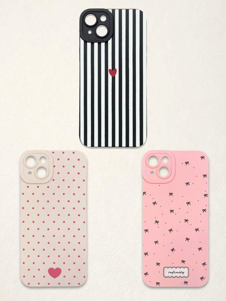 3pcs Matte Anti-Drop Phone Cases, Pink Mini Bow, Beige Polka Dot Heart, Black Vertical Stripe Red Heart, Y2K Minimalist Sweet Girl Style, Suitable For Birthday, Valentine's Day, Back To School Gifts And Daily Use, Compatible With Iphone Case & Galaxy Case - Multicolor - View 59