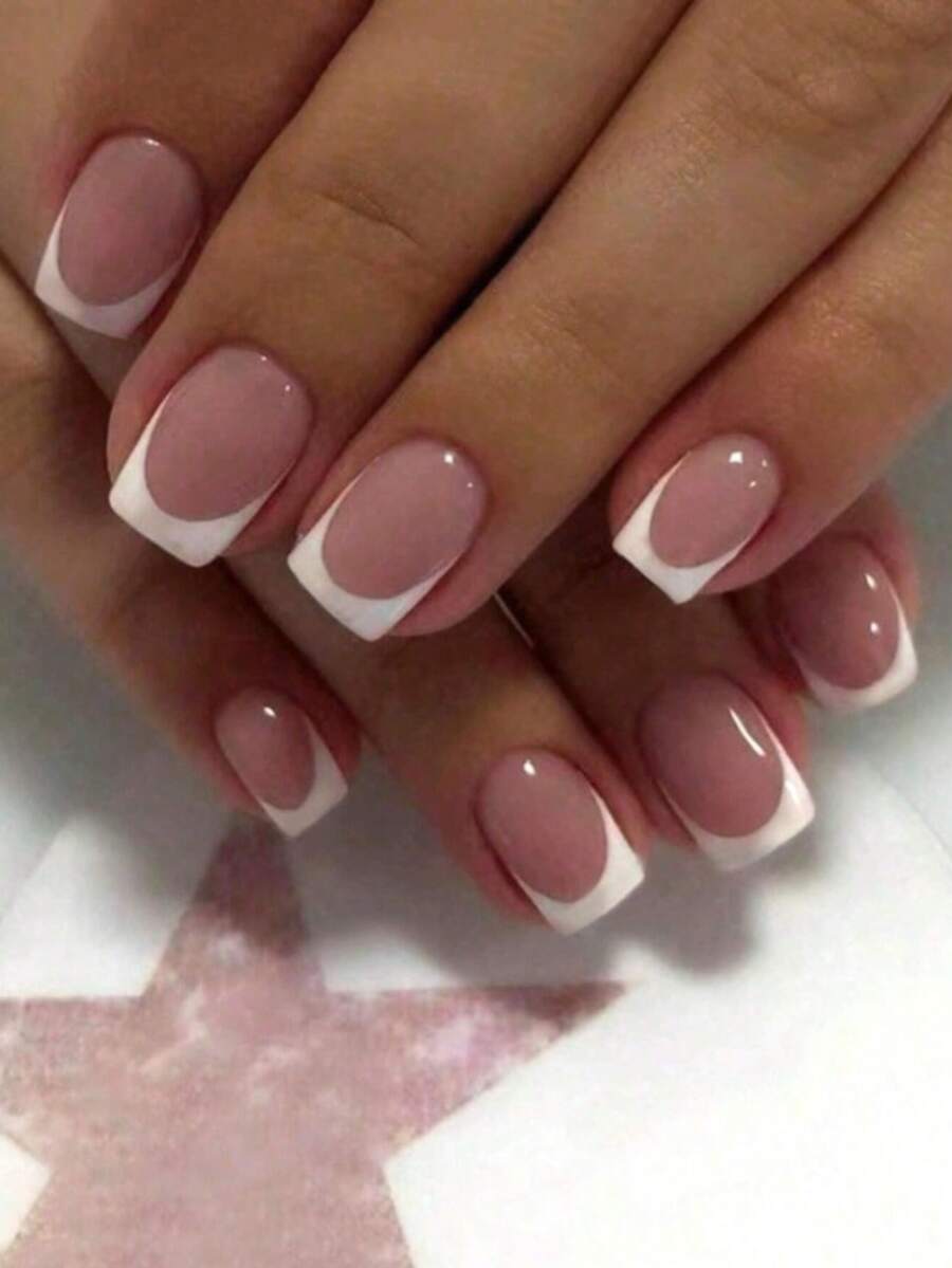 24pcs High Quality Short Square False Nails, Includes 1 Nail File And 1 Sheet Jelly Glue, Minimalist White French Manicure, Suitable For Daily Wear, Ready To Use