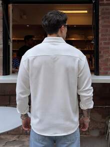 Lookun Men's Waffle Knit Polo Collar Long Sleeve Loose Casual Solid Color Patch Pocket Lightweight Shirt, Spring/Autumn Daily Commute Top - White - View 5