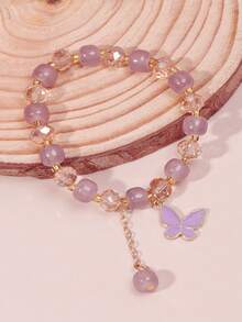 1pc Faux Crystal Bracelet Hand Rope, Crystal Pink Quartz Beaded Bracelet With Luxury Vintage Geometric Pendant, Gift For Women Friends - Butterfly Bracelet - View 3