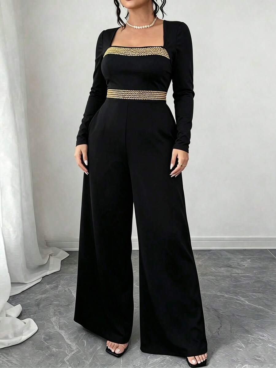 Plus Size Women's Elegant Fitted Spaghetti Strap Jumpsuit, Gold Sequin Trim On Straps And Chest, With Pockets, Wide Leg Style, Suitable For Parties And Banquets - Black - View 1