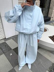 2pcs New Fashion Elegant Solid Color Casual Elegant Women's Jacket And Pants Set For Daily Beach Wear All Seasons - Baby Blue - View 5