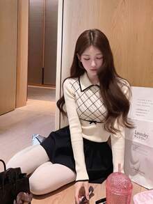 秋冬韓系甜美休閒風女款菱格紋蝴蝶結針織毛衣，翻領拼色學院風上衣，秋季穿搭 - 杏色 - 查看 6