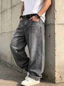 1 buah Celana Jeans Pria Model Longgar Kaki Lebar Gaya Vintage, Tidak Melar, Cocok untuk Pakaian Kasual dan Kerja - Grey - View 5