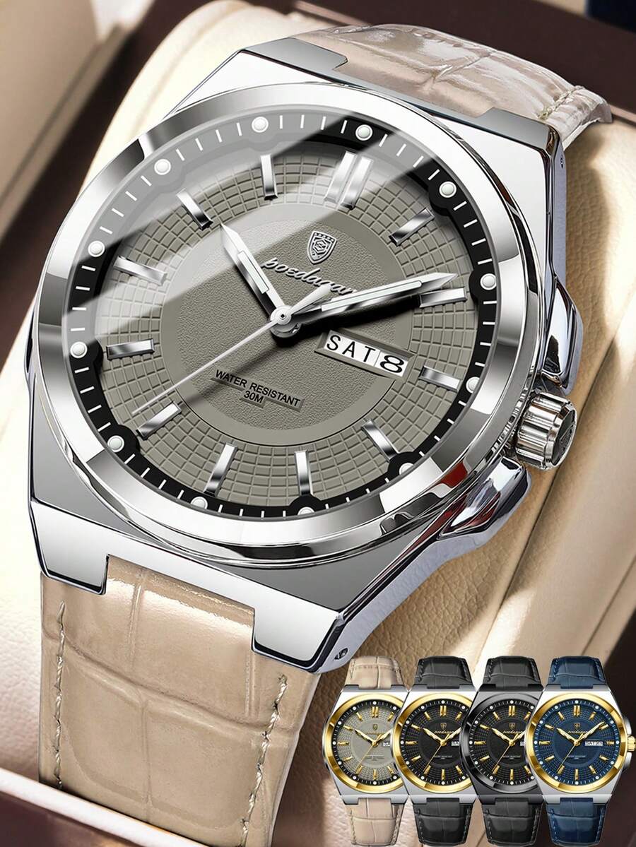 POEDAGAR 1pc Casual Men's PU Leather Strap Waterproof Luminous Date Quartz Watches, Sports Man Wristwatch Suitable For Daily Occasions, Men's Gifts