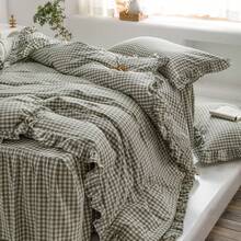 Sage Green Gingham Duvet Cover King, 3-Piece Ruffled Bedding Set - 100% Washed Cotton, Breathable Lightweight Fabric - Farmhouse Boho Chic Variant 1 - 002 Ruffle- Green Gingham - View 5