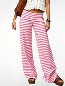 Fold Over Yoga Pants For Women Y2K Striped Low Rise Wide Leg Leggings Sweatpants Cozy Stretchy Foldover Lounge Pants Going Out Clothes - 粉色 - 查看 4