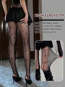 1 Pair Of Punk Style Black Cross Pattern Fishnet Socks, Ladies' Hollow Pantyhose, Gothic Sexy Perspective High Waist Stockings. - Black - View 9