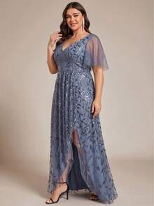 EVERPRETTY Plus Size Elegant Women's Long Evening Dress, Short Sleeve Design, Autumn Wedding Guest Evening Gown Fall - Dusty Blue - View 4