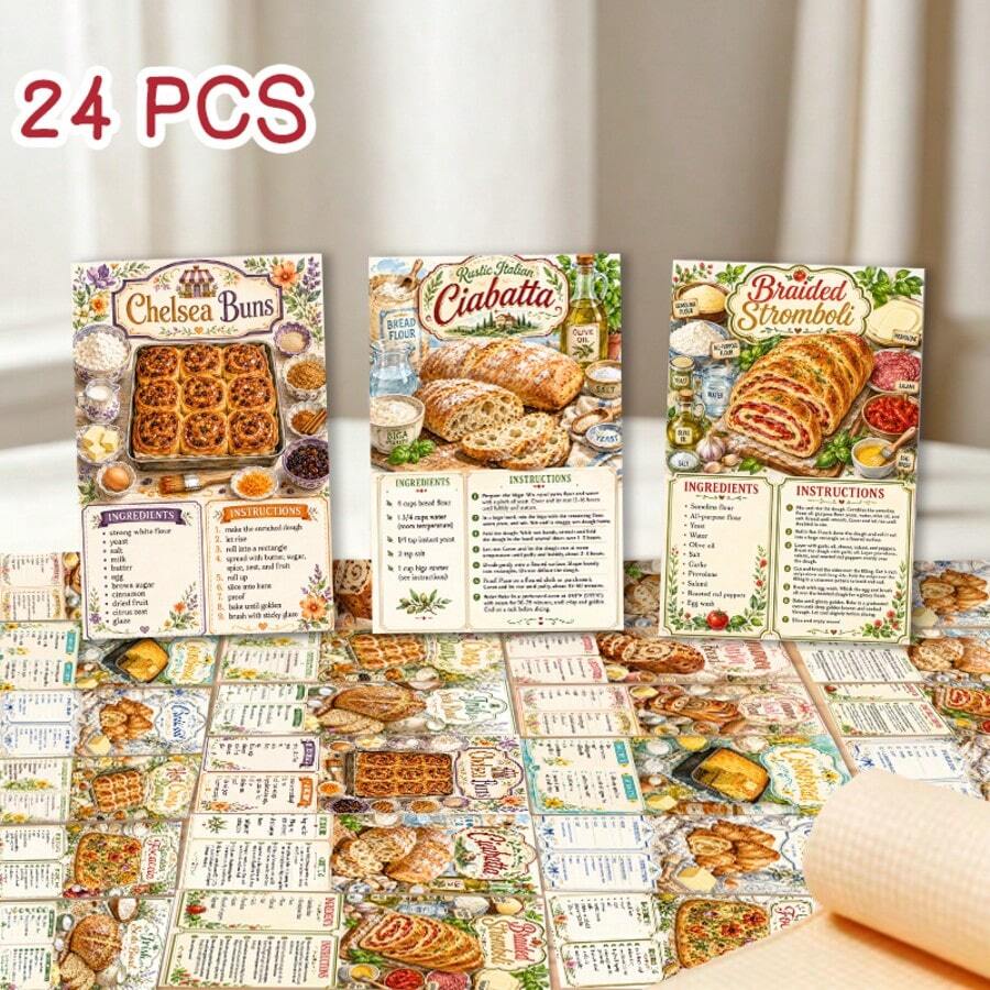 24張復古花卉歐式麵包食譜剪貼簿卡片,馬卡龍色系鄉村風烘焙印花裝飾紙卡,適用於廢物手帳、手帳裝飾、剪貼簿、麵包烘焙主題派對及四季手工藝項目 - H260621-24pcs - 查看 1