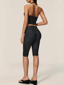 TimeOff Women's One Set Polka Dot Halter V-Neck Backless Tank Top & Bermuda Shorts Sports Set - Black - View 3