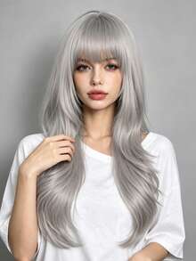 28 Inch Long Fashionable Party Women's Wig, Curly Wig With Bangs, Suitable For All Women's Daily Wear And Party Occasions - Grey - View 1