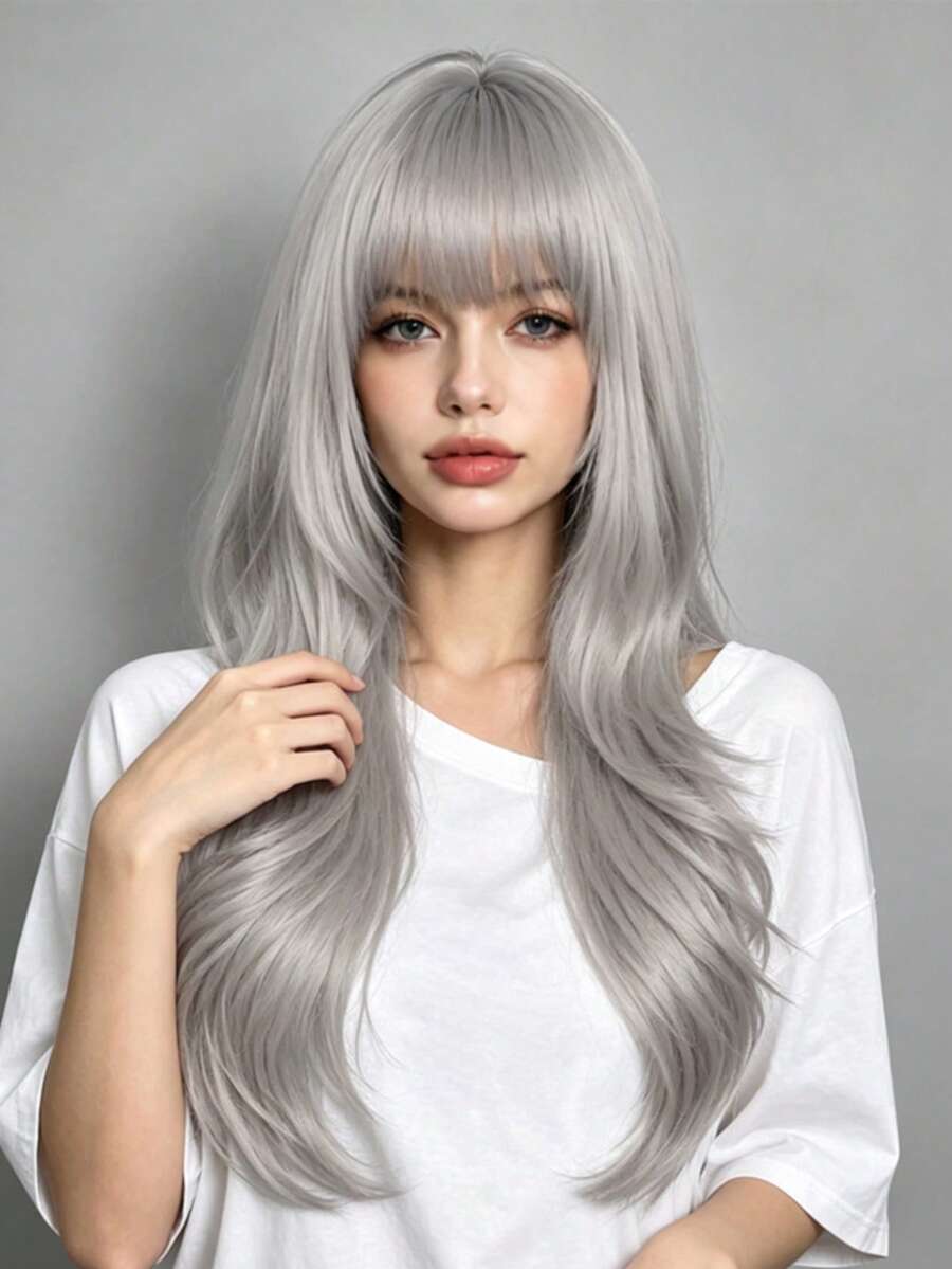 28 Inch Long Fashionable Party Women's Wig, Curly Wig With Bangs, Suitable For All Women's Daily Wear And Party Occasions - Grey - View 1