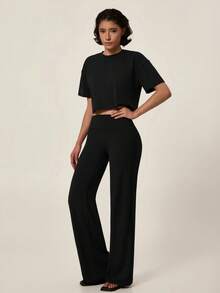 TimeOff Women's One Set Autumn/Winter Solid Color Round Neck Loose Short T-Shirt & Wide Leg Long Pants Sports Outfit - Black - View 10