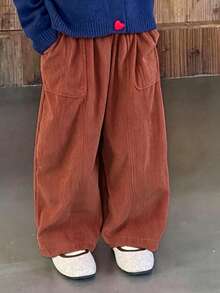1pc 4-7 Years Old Boys Draped Wide Leg Corduroy Pants With Elastic Waist, Spring Summer Autumn - Brown - View 1