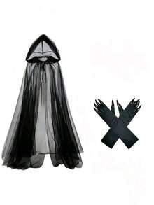 Halloween Cosplay Veil Witch Mesh Cape Grim Reaper Set With Hooded Vampire Cloak And Gloves - Multi-color - View 8