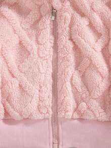 Girls' Casual Fashion Solid Color 3D Embossed Fuzzy Hooded Short Jacket And Straight Leg Pants 2 Pieces Set, Autumn/Winter - Pink - View 4