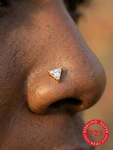 lunastudio 1pc Elegant 925 Sterling Silver L-Shaped Pyramid Nose Stud, Suitable For Women's Daily Wear - Gold - View 1