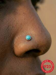 lunastudio 1pc Elegant 925 Sterling Silver Turquoise Clawless Nose Stud, Suitable For Women's Daily Wear - Silver - View 2