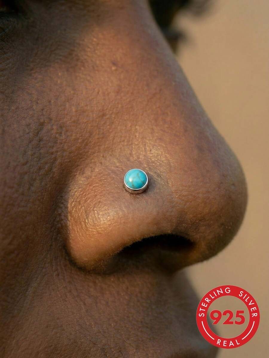 lunastudio 1pc Elegant 925 Sterling Silver Turquoise Clawless Nose Stud, Suitable For Women's Daily Wear