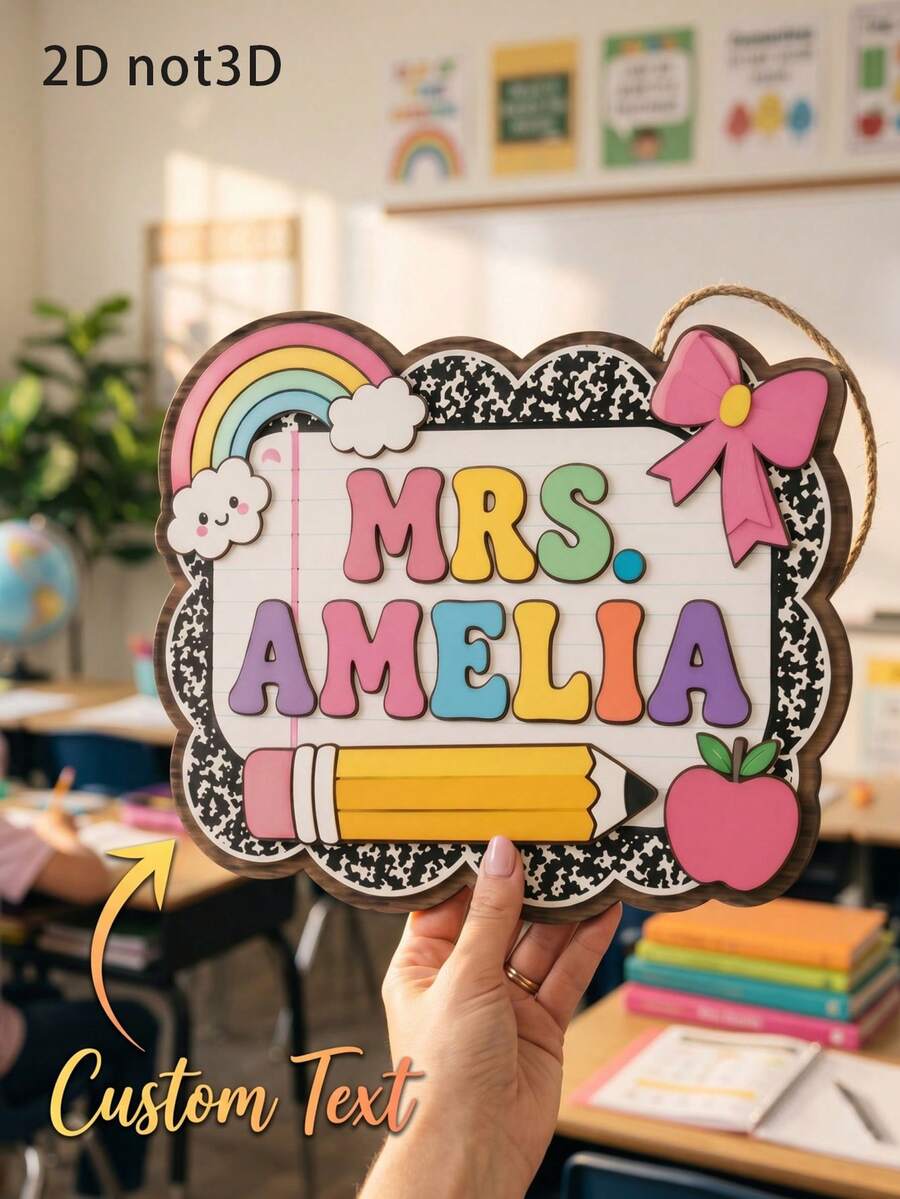 1pc Personalized Classroom Wooden Sign,Custom Text,Cute Cow Print Teacher Name Plaque, Custom Door Hanger Decor, Teacher Appreciation Gift, Teacher Sign - Multicolor - View 1