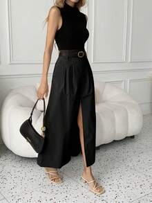 Women's Elegant High Waist A-Line Slit Maxi Skirt, Casual Solid Color, Versatile Fashion, Autumn/Winter - Black - View 3