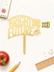 3pcs Luxury Gold Reflective Graduation Cake Ornament, Curved Bright Future Typography Embedded Classroom-Themed Cutouts. Mirror Finish Presents Uplifting Aesthetics For Graduation And Promotion Party Dessert Display Layouts - A - View 8