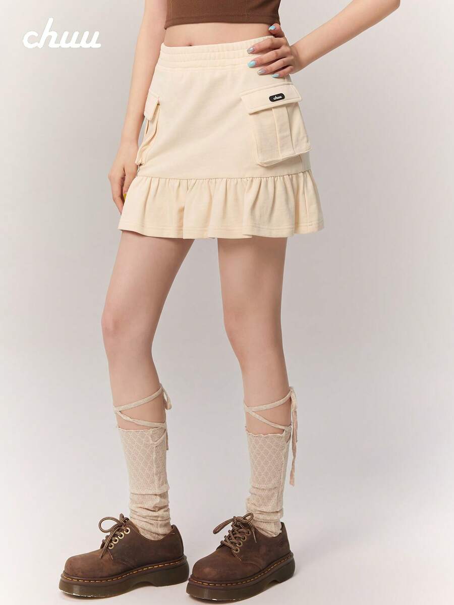 Chuu Fashionable Elastic Waist Pocket Ruffle Hem Cargo Skirt Sweet - Khaki - View 1