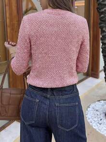 Women's Pink Knitted Long Sleeve Cropped Top With Gold Buttons, Fashionable Round Neck Sweater, Suitable For Spring And Autumn - Pink - View 5