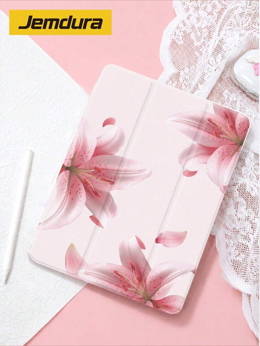1件粉色百合花紋平板保護殼，適用於 Apple 平板 10.2 吋 Air 8(M4) 2026(11-Inch)/10代/(A16) 11 吋 11代 2025、Galaxy Tab A8 10.5 吋 2022、Matepad 10.4/Tab/，防摔，附筆槽，支援睡眠/喚醒