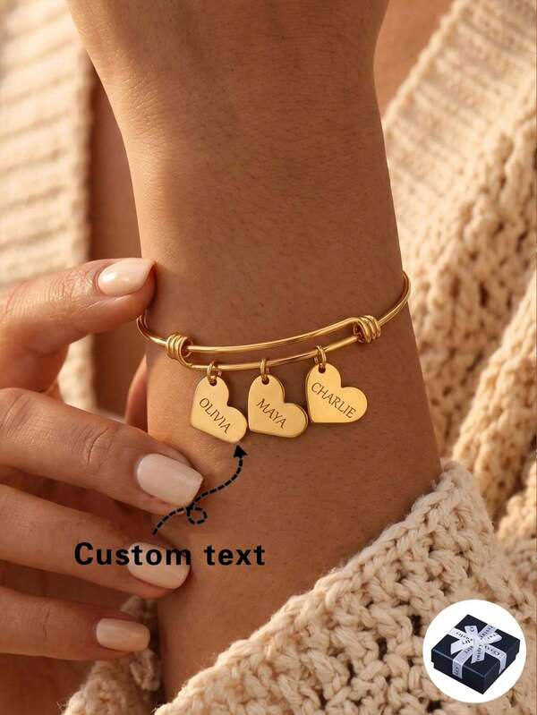 1pc Customized Multi-Name Heart Bracelet, Engravable Family/Best Friend Names, Luxury Adjustable Commemorative Gift, Minimalist, Unisex, Casual, Personalized, Unique, Ideal Gift For Him, Her, Boyfriend, Girlfriend, Dad, Family, Friends, Son, Mom, Daughter, Grandparents, Suitable For Anniversary, Birthday, Daily Wear, Wedding, Graduation, Prom, Party