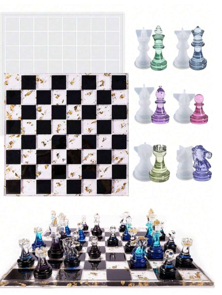 7件組樹脂翻模西洋棋模具套組，水晶環氧樹脂DIY 3D棋子，3D棋盤矽膠模具，DIY西洋棋遊戲，適用於西洋棋、桌面遊戲、DIY手工藝與桌遊配件