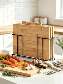 Bamboo Cutting Board Set With Storage Rack, Separate Food Cutting Boards, Kitchen Boards Holder,4 Syle Coded Chopping Boards For Beef, Fish, Chicken, Vegetable, Non-Slip Separate Kitchen Cutting Boards,Kitchen Separate Chopping Boards. - Bamboo and Wood Color - View 3