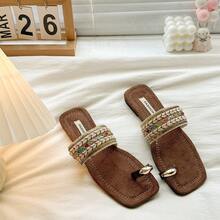 Fashion Thick-Sole Square Toe Woven Slide Sandals For Women, French Style Vacation Chic Platform Wedge Slippers - Brown - View 6
