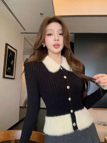Women's Colorblock Casual Versatile Daily Wear Cardigan - Black - View 3