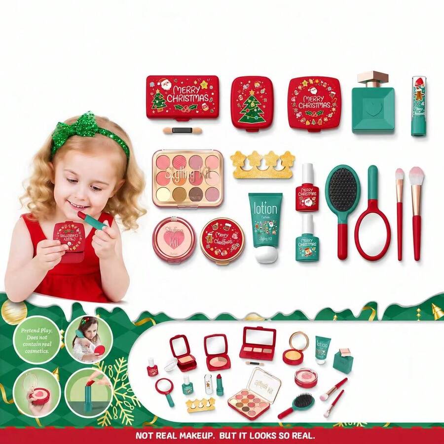 10pcs Kids Pretend Makeup Styling Set, Realistic Fake Cosmetic Toy Set With Eyeshadow, Blush, Lipstick And Makeup Brushes, Non-Real Makeup Role Play Beauty Toys, Birthday Gift For Girls 3+ - Multicolor - View 1