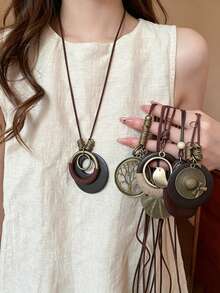 6pcs Bohemian Wood & Copper Pendant Leather Cord Necklace Set, Lightweight Vintage Versatile Wearable Accessories - Multicolor - View 2
