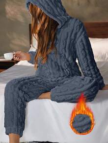 Nina Bonheur 2pcs Women's Thick Double-Sided Fleece Hooded Loose Top + Comfortable Long Pants Loungewear Set - Dusty Blue - View 2