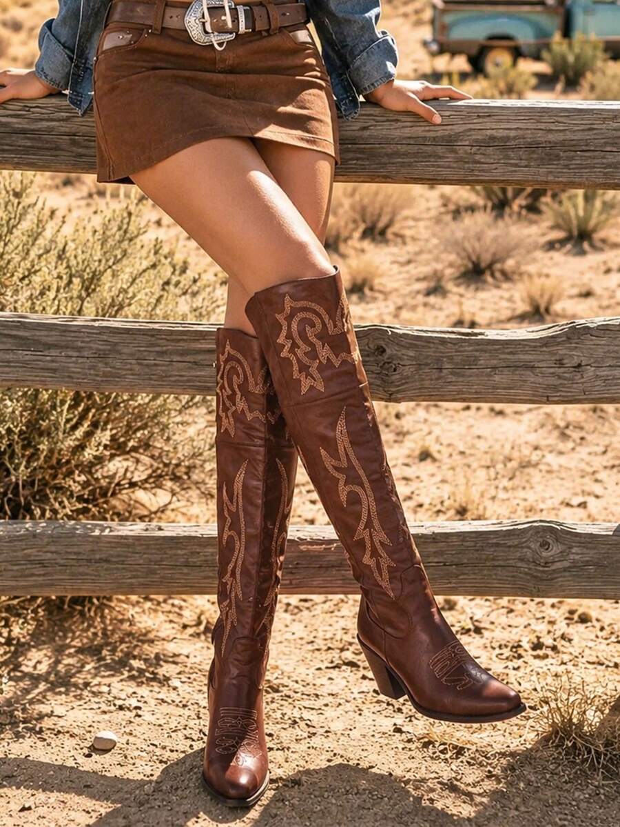 Women's Retro Embroider Thigh High Western Cowboy Boots Fashion Block Chunky High Heels Pointed Toe Vintage Cowgirl Boots Woman - 棕色A - 查看 1