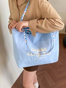 Women 2 Sides Reversible Shopping Tote Bag Big Capacity Letter Graphic Wave Polka Dot Print Portable Daily Shoulder Bag - Baby Blue - View 3
