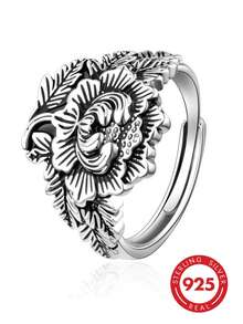 1pc 925 Sterling Silver Vintage Leaf Pattern Personalized Fashion Adjustable Ring, Suitable For Everyday Casual Wear, Gift For Family And Friends On Holidays And Birthdays - Antique Silver - View 8