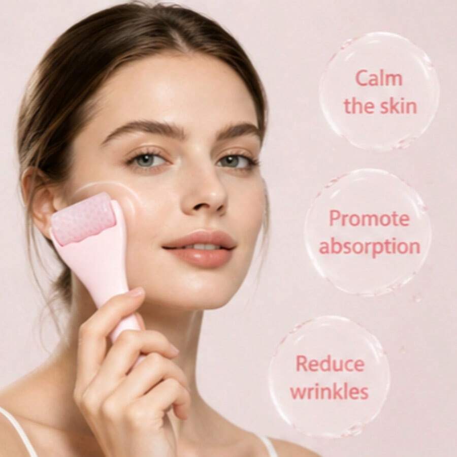 1 Pc Portable Reusable Gel Ice Roller, Sweet Solid Pink Handheld Oval Facial Massager With Textured Roller Head Calming Skin Reduce Puffiness Beauty Tool For Daily Skincare Home SPA - 1pc - View 1